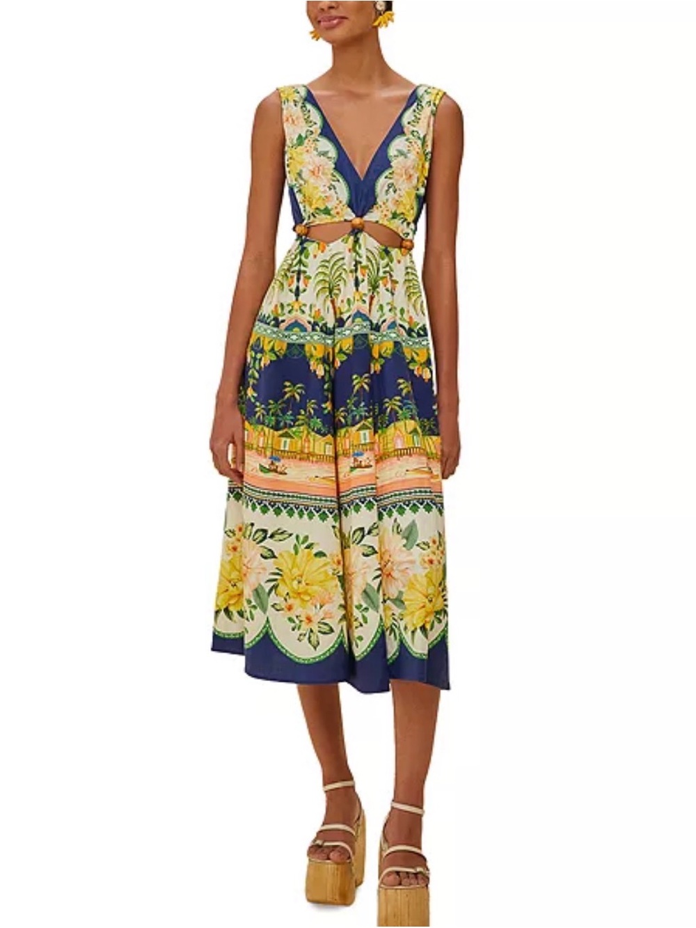 🌼FARM Rio Amazon Garden Cream Navy Cut Out Midi Dress Floral Tropical V-Neck M